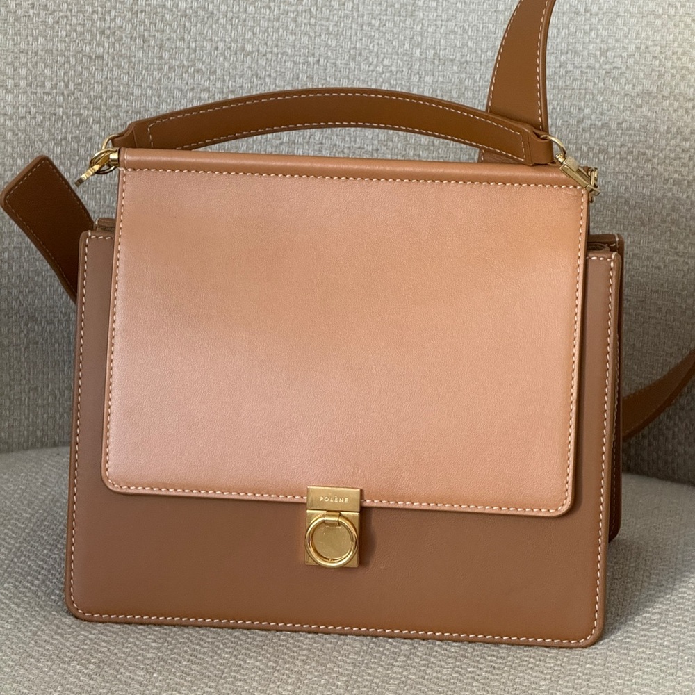 Polene Numero Sept Camel Two-Tone Crossbody Top Handle Bag with Gold Hardware